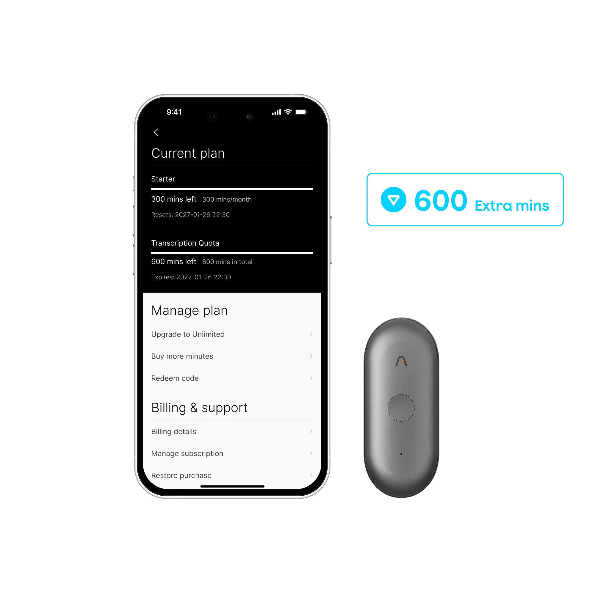 Plaud NotePin S y extensión adicional de 600 minutos