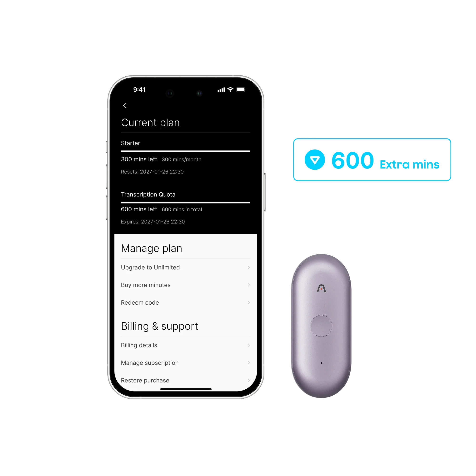 Plaud NotePin S y extensión adicional de 600 minutos