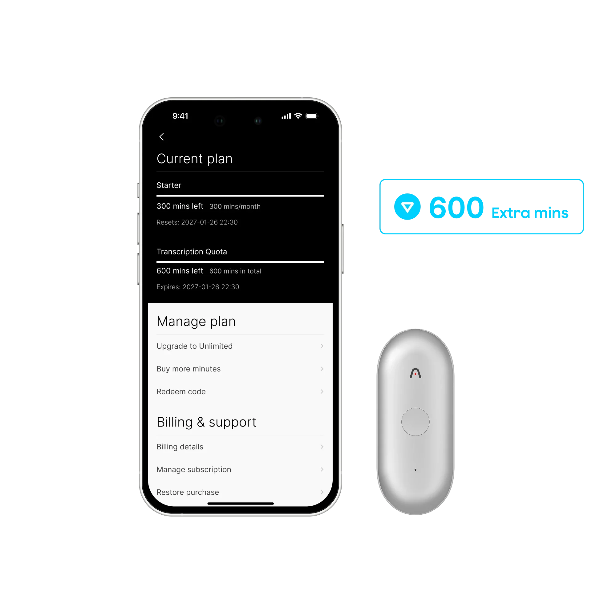 Plaud NotePin S y extensión adicional de 600 minutos
