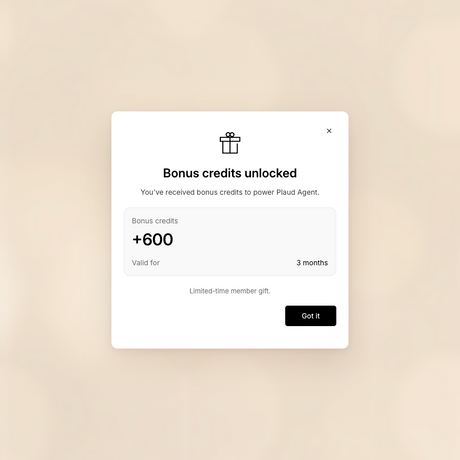 Una ventana emergente anuncia 600 créditos de bonificación desbloqueados para Plaud Agent, válidos por tres meses.